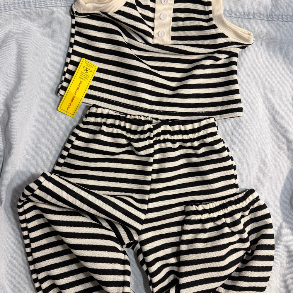 Girls Black & Cream Striped Knit Set | Tank Top & Jogger Pants | 4–5Y | New